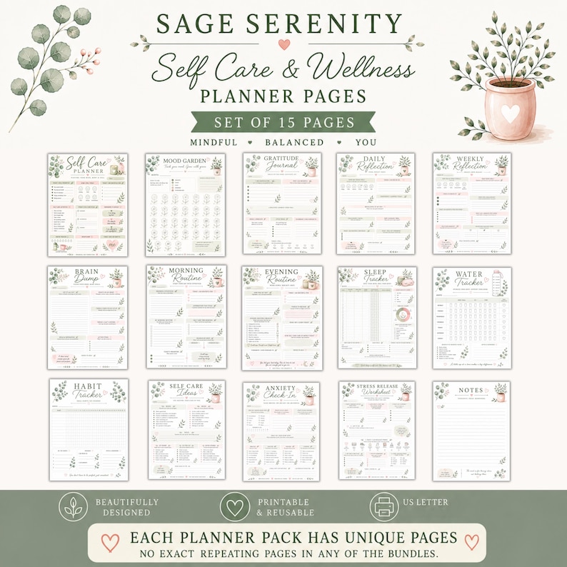 Op de afbeelding: Een set van 15 printbare plannerpagina's voor zelfzorg en welzijn genaamd Sage Serenity. De pagina's bevatten botanische illustraties, zachte groene en roze accenten, en trackers voor stemming, slaap, water, gewoontes en diverse werkbladen.