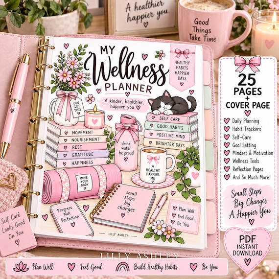 Wellness Planner Printable, Self Care Planner, Habit Mood Sleep Tracker, Healthy Lifestyle Journal Wellness Reset, 25 Page PDF Bundle 8.5x11