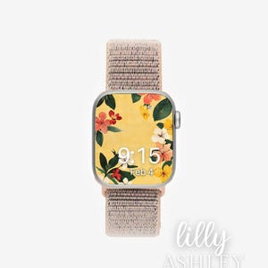 Quadrante Apple Watch estivo, sfondo orologio, sfondo Apple Watch da donna, sfondo orologio giallo, quadrante orologio tropicale, floreale estivo