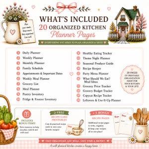 Puede incluir: Un conjunto de planificador de cocina digital con 20 p&aacute;ginas imprimibles que incluyen planificadores diarios, semanales y mensuales, rastreadores de comidas, listas de compras e inventarios. Incluye ilustraciones de una casa y utensilios.