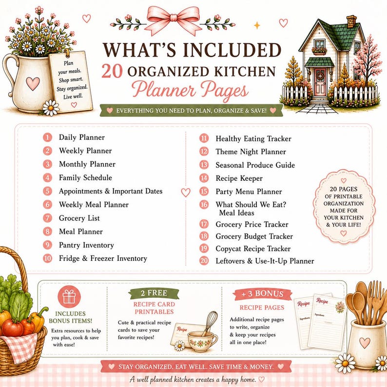 Puede incluir: Un conjunto de planificador de cocina digital con 20 p&aacute;ginas imprimibles que incluyen planificadores diarios, semanales y mensuales, rastreadores de comidas, listas de compras e inventarios. Incluye ilustraciones de una casa y utensilios.