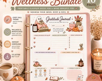 May include: A printable gratitude journal planner page featuring a cozy fall theme with illustrations of ghosts, pumpkins, mugs, and autumn leaves. The page includes sections for daily reflections, gratitude prompts, and mood tracking in 8.5 inch by 11 inch format.