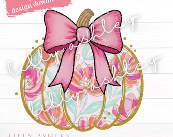 Abóbora Coquete PNG | Clipart de Abóbora com Laço Rosa Preppy | Design de Sublimação de Outono para Download