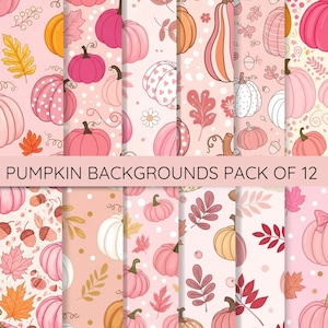 May include: A set of 12 digital backgrounds featuring pumpkins in pink, orange, and white. The designs include pumpkins, leaves, and floral patterns. The text "PUMPKIN BACKGROUNDS PACK OF 12" is displayed across the image.