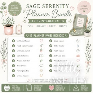 Bundel Sage Serenity Self-Care Wellness Planner | 15 afdrukbare pagina's | Geestelijke gezondheidsdagboek | Inchecken bij angst | Dankbaarheid 8,5 x 11 inch afbeelding 3