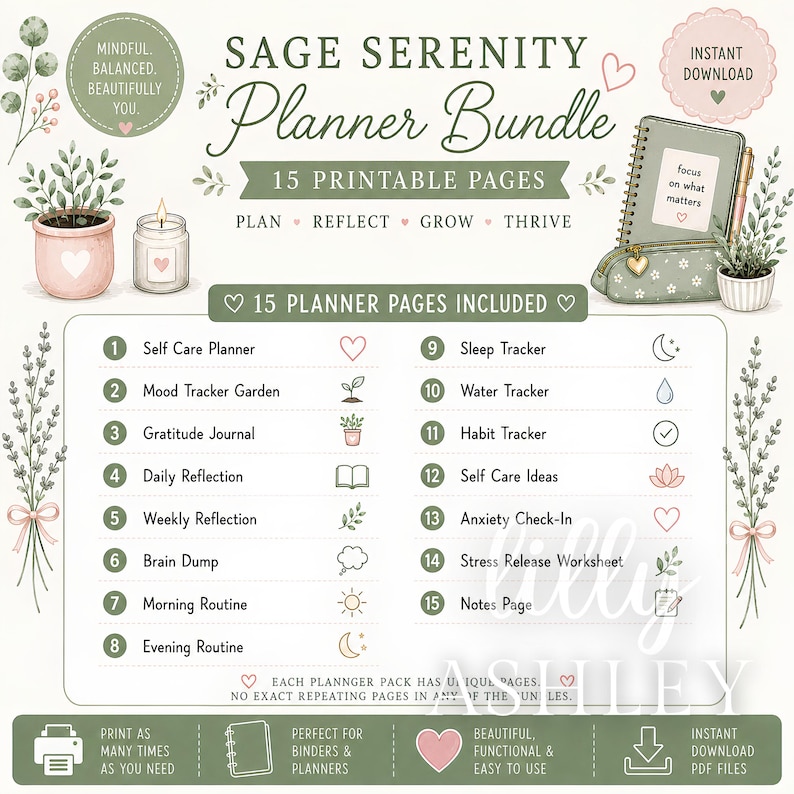 Bundel Sage Serenity Self-Care Wellness Planner | 15 afdrukbare pagina's | Geestelijke gezondheidsdagboek | Inchecken bij angst | Dankbaarheid 8,5 x 11 inch afbeelding 3
