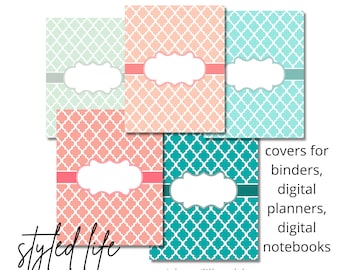 May include: Five colorful binder covers with a repeating white quatrefoil pattern. Each cover is a different color: mint green, coral, and teal. Each cover has a white label area with a colored border. Text reads "covers for binders, digital planners, digital notebooks."