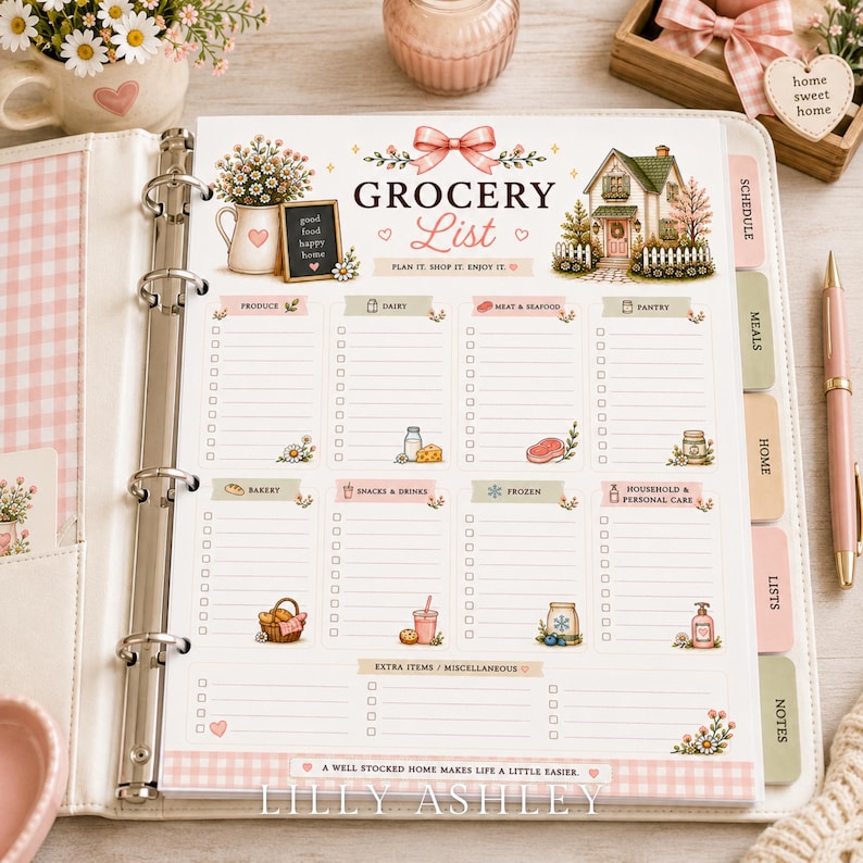 Puede incluir: Una p&aacute;gina de lista de la compra en una carpeta con una ilustraci&oacute;n de una casa de campo, un lazo rosa y secciones para productos, l&aacute;cteos, carne, despensa, panader&iacute;a, snacks, congelados y hogar. Texto: GROCERY LIST, PLAN IT. SHOP IT. ENJOY IT.