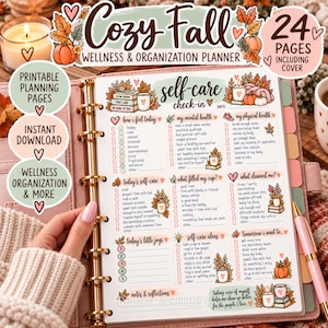Op de afbeelding: Een printbare 24-pagina tellende Cozy Fall Wellness & Organisatieplanner met een self-care check-in blad. De pagina bevat secties voor stemming, mentale en fysieke gezondheid en reflecties, versierd met herfstbladeren, pompoenen en mokken.