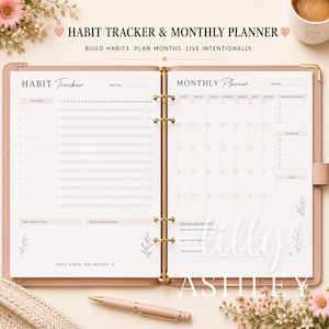 Könnte beinhalten: Ein rosafarbener Ringplaner, der auf einer Seite mit Gewohnheits-Tracker und Monatskalender aufgeschlagen ist. Der Text lautet HABIT TRACKER & MONTHLY PLANNER, BUILD HABITS. PLAN MONTHS. LIVE INTENTIONALLY. Enthält einen Stift und florale Akzente.