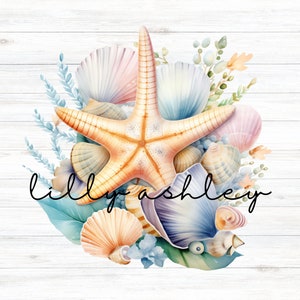 Diseños PNG de playa, Conjunto de imágenes prediseñadas de concha marina, Elementos florales, Conjunto de imágenes prediseñadas de flores del océano, Gráficos de acuarela costera de estrella de mar de acuarela