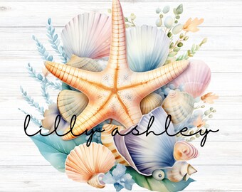 Disegni PNG da spiaggia, set di clipart di conchiglie, elementi floreali, set di clip art di fiori dell'oceano, grafica ad acquerello costiero di stelle marine dell'acquerello