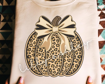 May include: A beige sweatshirt with a pumpkin design. The pumpkin has a leopard print pattern and a large bow. The pumpkin has a brown stem and is outlined in brown. The text "Lilly Ashley" is written in cursive across the design.