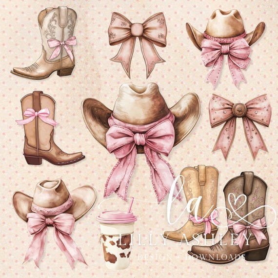 Cowgirl Country Bow PNG Set of 10 | Girly Western Bow PNG | Coquette Rodeo Cowboy Boots PNG | Western Coquette Pink Bows | Howdy Design Png