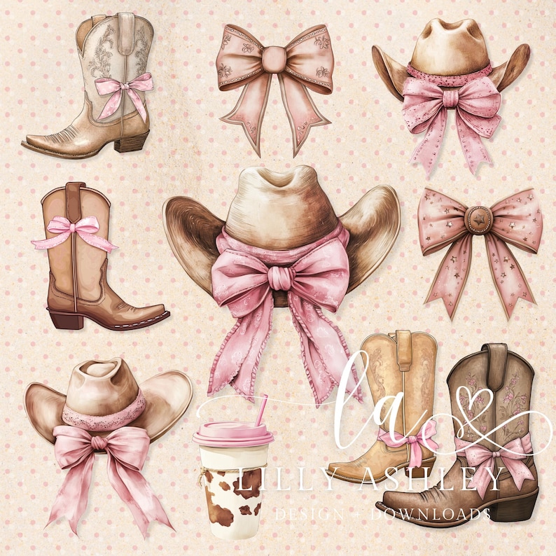 May include: A digital clipart set featuring pink and brown cowboy hats, boots, and bows. The set includes a coffee cup with a cow print design.