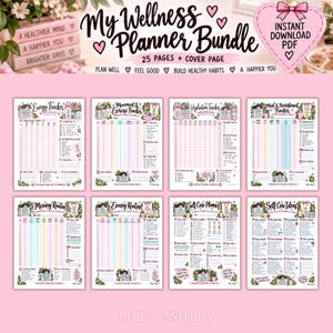 May include: A digital wellness planner bundle featuring 25 pages and a cover page. The set includes trackers for energy, movement, exercise, hydration, meals, nourishment, morning and evening routines, self-care planners, and self-care ideas.