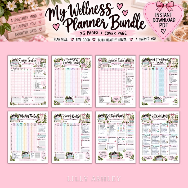 May include: A digital wellness planner bundle featuring 25 pages and a cover page. The set includes trackers for energy, movement, exercise, hydration, meals, nourishment, morning and evening routines, self-care planners, and self-care ideas.