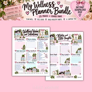 May include: A digital wellness planner bundle featuring 25 pages and a cover page. The printable sheets include sections for Wellness Vision and Intentions, Notes and Little Thoughts, habit trackers, and gratitude lists, decorated with pink hearts and cats.