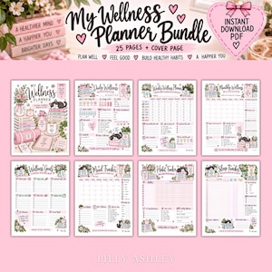 May include: A digital wellness planner bundle featuring 25 pages and a cover page. The set includes a planner, daily, weekly, and monthly wellness planners, goals, mood, habit, and sleep trackers. The pages feature pink and white illustrations of cats, flowers, and books with the text My Wellness Planner Bundle and Lilly Ashley.