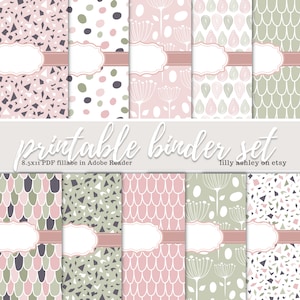 May include: Printable binder set with 8.5x11 PDF fillable in Adobe Reader.  The set includes 10 different patterns in pink, green, and gray.  The patterns include geometric shapes, dots, and floral designs.