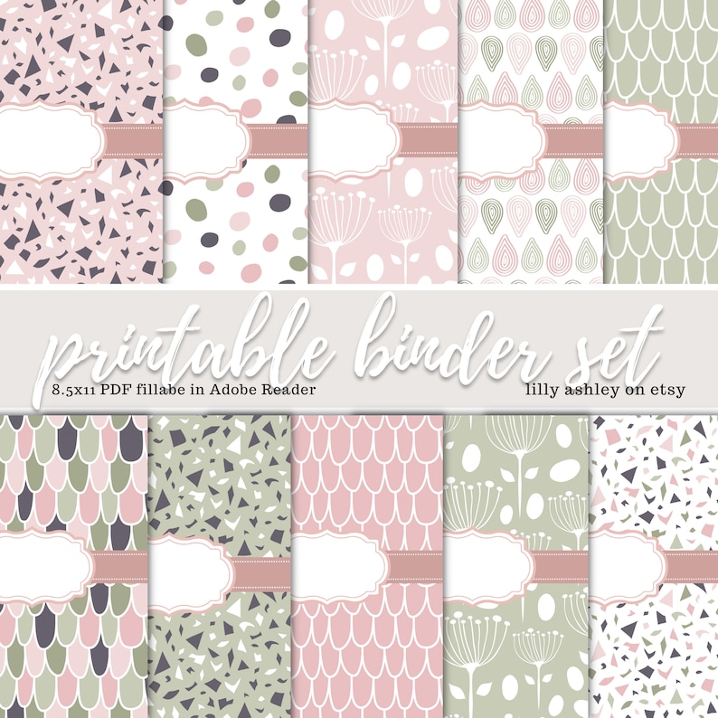 May include: Printable binder set with 8.5x11 PDF fillable in Adobe Reader.  The set includes 10 different patterns in pink, green, and gray.  The patterns include geometric shapes, dots, and floral designs.