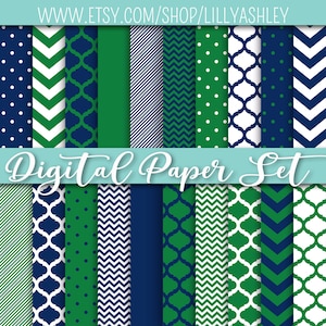Pacchetto di carta digitale di 20-12x12 JPG-Verde e Navy in quadrifoglio marocchino Chevron Polka Dot Stripe