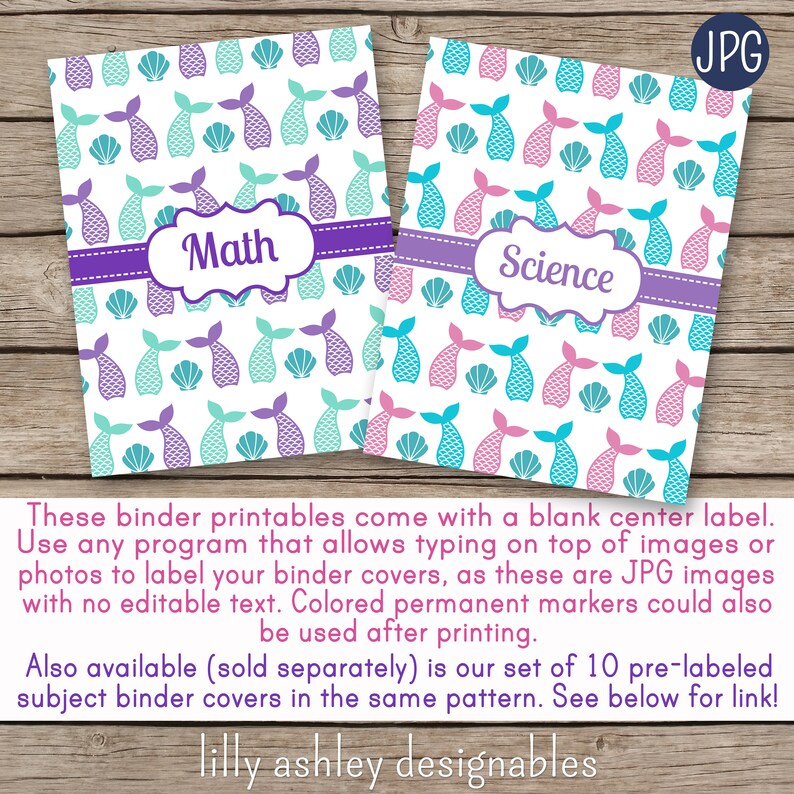 Printable Mermaid Shell Binder Covers SET of 6-8.5x11 JPG | Etsy