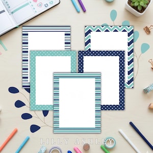 Afdrukbaar papier Pak van papier met vijf randen: 8,5 x 11, JPG en pdf, randen voor klaslokalen, schattige paginaranden, randen, papier, afdrukbare randen, marineblauw