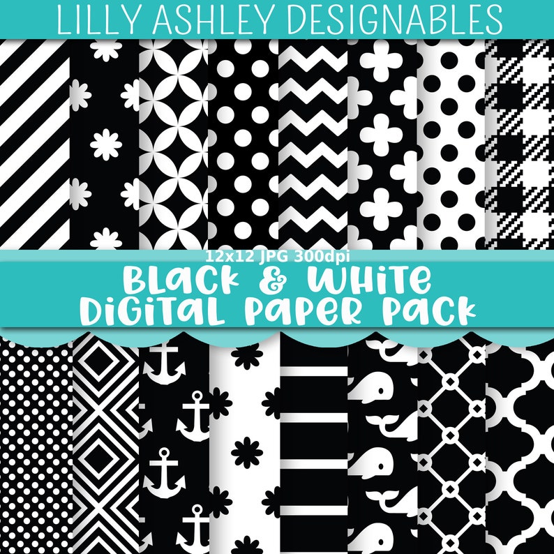 Digital Paper Pack of 16-JPG-12x12 black and white background plaid digital background chevron stripe flower background digital image 1