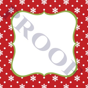 May include: A white frame with a green border on a red background with white snowflakes and white polka dots.