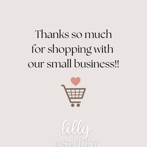 May include: A light beige card featuring the black text Thanks so much for shopping with our small business!! above a brown shopping cart icon with a pink heart. Below the icon is the white text lilly ASHLEY in a script and sans-serif font.