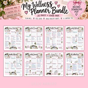 May include: A digital wellness planner bundle featuring 25 pages and a cover page. The set includes printable sheets titled Stress Check-In, Gratitude Journal, Mindful Moments, Weekly Reflection, Monthly Reflection, Healthy Boundaries, Things That Make Me Happy, and My Wellness Reset, all decorated with floral and book illustrations in a soft pink and green color palette.