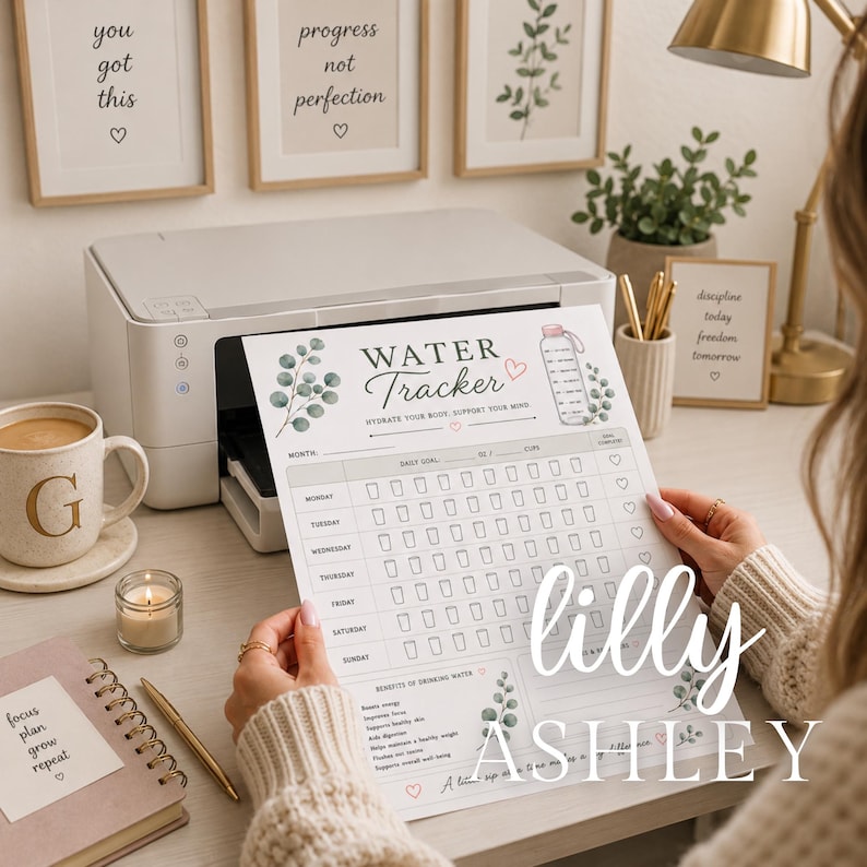 Op de afbeelding: Een wit papieren water-trackerblad met illustraties van eucalyptusbladeren, een roze waterflesafbeelding en de tekst Water Tracker, Hydrate Your Body, Support Your Mind. Het raster bevat rijen voor de dagen van de week met bekerpictogrammen.