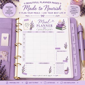 May include: A lavender-themed meal planner insert inside a purple binder with gold rings. The page features a weekly grid for breakfast, lunch, dinner, and snacks, a grocery list, a hydration tracker, and sections for weekly goals and notes.
