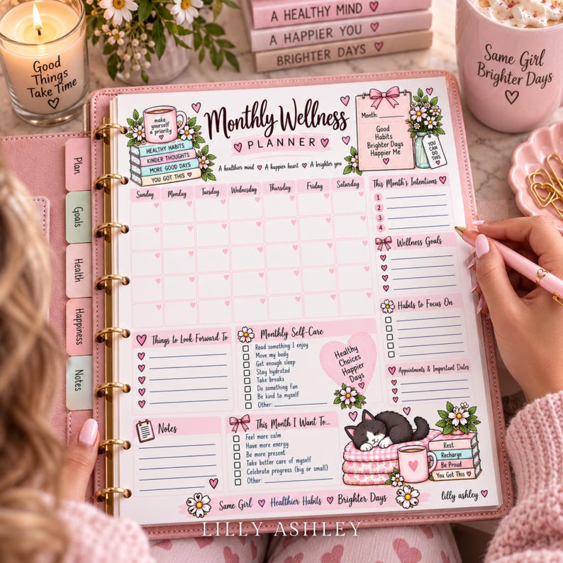 May include: A pink monthly wellness planner with gold rings, featuring a calendar grid, sections for intentions, wellness goals, habits, self-care, and notes. The page is decorated with illustrations of flowers, a sleeping cat, and pink hearts.