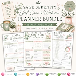 Op de afbeelding: Een digitale plannerbundel voor zelfzorg en welzijn met 15 printbare pagina's in saliegroen en zachtroze. De set bevat vellen voor dagelijkse reflectie, een zelfzorgplanner en een slaaptracker, versierd met illustraties van eucalyptus.