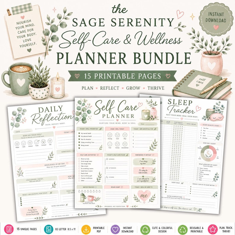 Op de afbeelding: Een digitale plannerbundel voor zelfzorg en welzijn met 15 printbare pagina's in saliegroen en zachtroze. De set bevat vellen voor dagelijkse reflectie, een zelfzorgplanner en een slaaptracker, versierd met illustraties van eucalyptus.