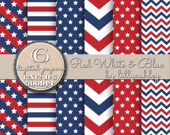 Digital Paper Pack of Six-12x12 JPG Format-Red White & Blue Patriotic Downloadable Papers for Backgrounds Labels Cards Tags Photography Etc!