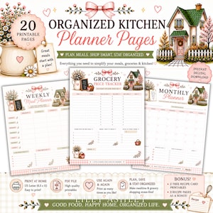 Op de afbeelding: Een set van 20 printbare keukenplannerpagina's met een wekelijkse maaltijdplanner, boodschappenprijstracker en maandplanner. De ontwerpen bevatten illustraties van een huis, bloemen en roze strikken met de tekst Organized Kitchen Planner Pages.