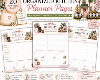 Puede incluir: Un conjunto de 20 páginas de planificador de cocina imprimibles que incluyen un planificador de comidas semanal, un rastreador de precios de comestibles y un planificador mensual. Los diseños incluyen ilustraciones de una casa, flores y lazos rosas.