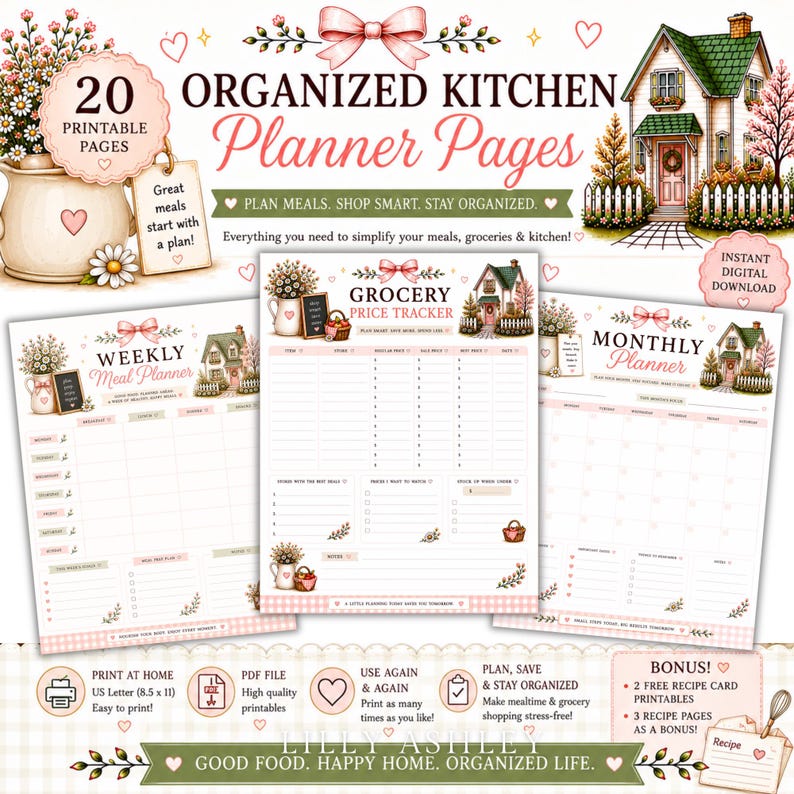 Puede incluir: Un conjunto de 20 p&aacute;ginas de planificador de cocina imprimibles que incluyen un planificador de comidas semanal, un rastreador de precios de comestibles y un planificador mensual. Los dise&ntilde;os incluyen ilustraciones de una casa, flores y lazos rosas.