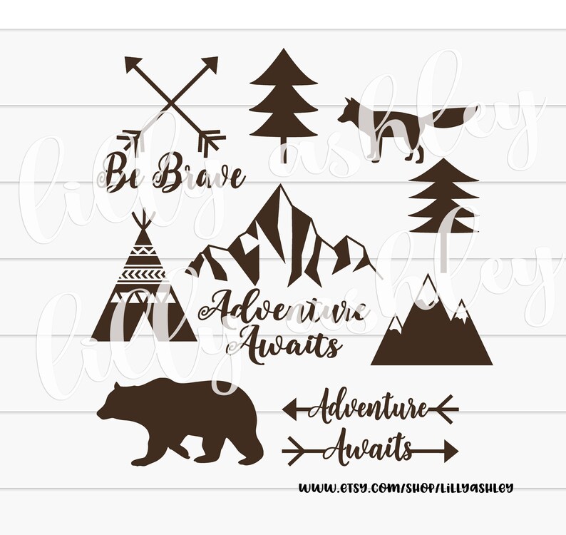 May include: A set of brown silhouette illustrations with a woodland theme. The illustrations include a bear, a fox, a teepee, mountains, trees, and arrows. The text "Be Brave" and "Adventure Awaits" is included in the design.