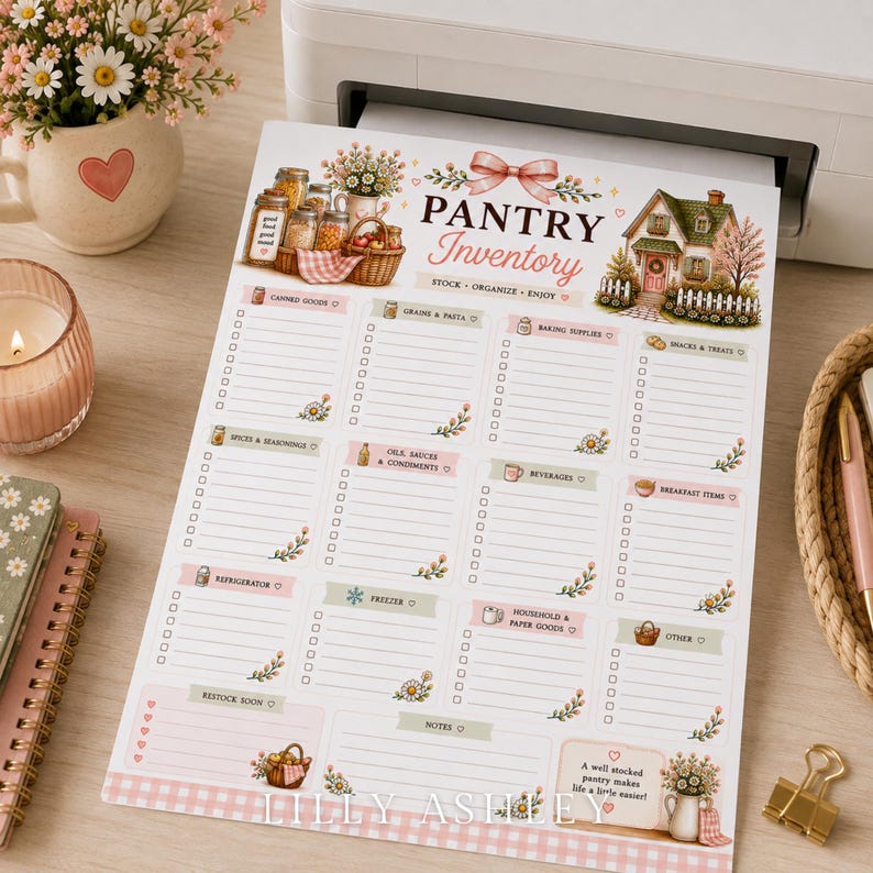 Puede incluir: Una hoja de inventario de despensa en papel blanco con una ilustraci&oacute;n de una casa de campo, un lazo rosa y detalles florales. El texto dice PANTRY Inventory, STOCK - ORGANIZE - ENJOY, e incluye secciones para conservas, granos, pasta, reposter&iacute;a, snacks, especias, aceites, bebidas, desayuno, nevera, congelador, art&iacute;culos del hogar, otros, reponer pronto y notas.