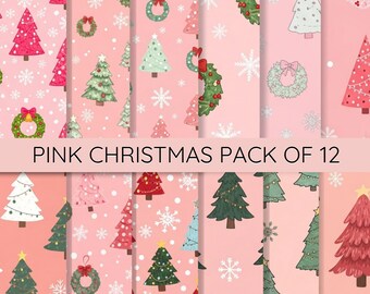 Pink Christmas Digital Paper Pack of 12 Backgrounds | Christmas Trees and Holiday Wreaths | Festive Wallpapers | Seamless Pattern Download