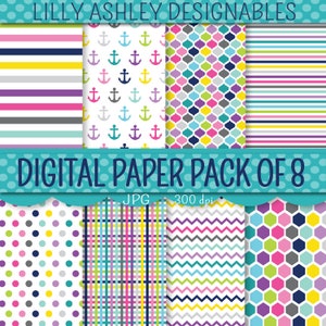 Digital Paper Pack of 8--JPG format--12x12 Commercial use ok-stripe paper digital anchor paper digital polka dot paper digital chevron