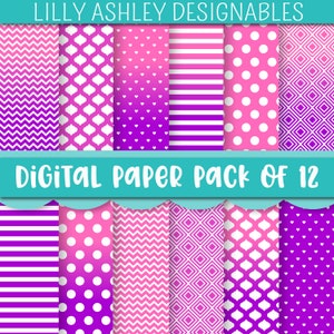 Digital Paper Pack of 12-12x12 JPG format downloadable purple pink gradient background chevron polkadot stripe quatrefoil princess colors image 1