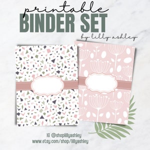 May include: Printable binder set with two designs. One design features a pink and white geometric pattern. The other design features a pink background with white floral patterns. Both designs have a pink and white label with a blank space for writing.