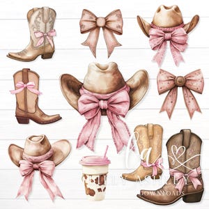 May include: A set of digital clipart featuring cowboy hats, boots, and bows in pink and brown tones. The clipart is perfect for crafting projects, scrapbooking, and digital design.
