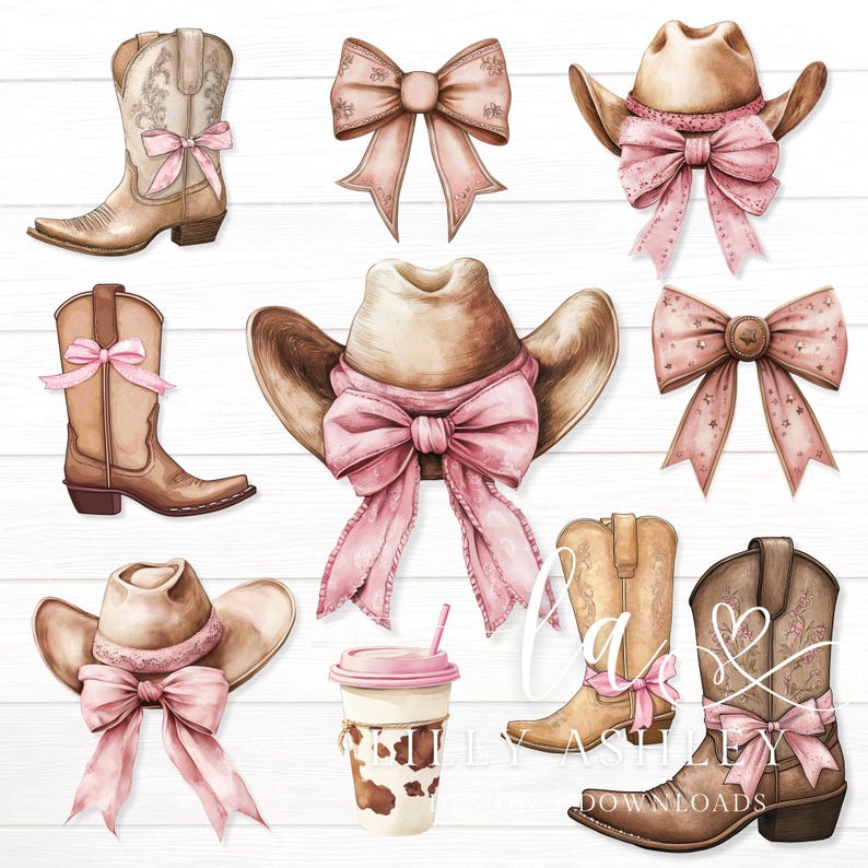 May include: A set of digital clipart featuring cowboy hats, boots, and bows in pink and brown tones. The clipart is perfect for crafting projects, scrapbooking, and digital design.
