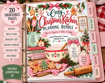 Puede incluir: Una carpeta de planificación de cocina navideña imprimible con una portada festiva que muestra galletas de jengibre, un tazón y utensilios de cocina. El texto dice Cozy Christmas Kitchen Planning Bundle, Plan Organize Bake Enjoy.